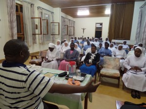 The Benedictine Sisters of Tutzing attend a session with HLI Regional Director for Anglophone Africa Emil Hagamu.