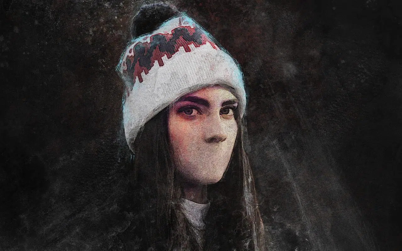 young woman no mouth