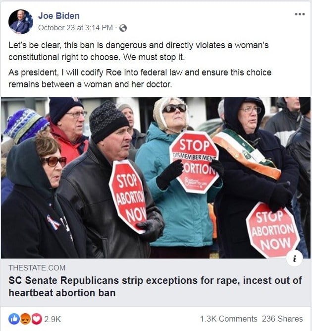 October 23, 2019: On Facebook, Joe Biden vowed to enshrine abortion if he's elected
