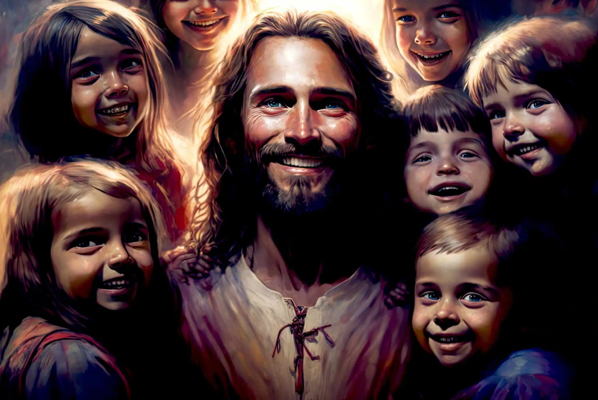 Realistic painting of Jesus smiling surrounded by happy children, Let the little children come to me, created with Generative AI technology
