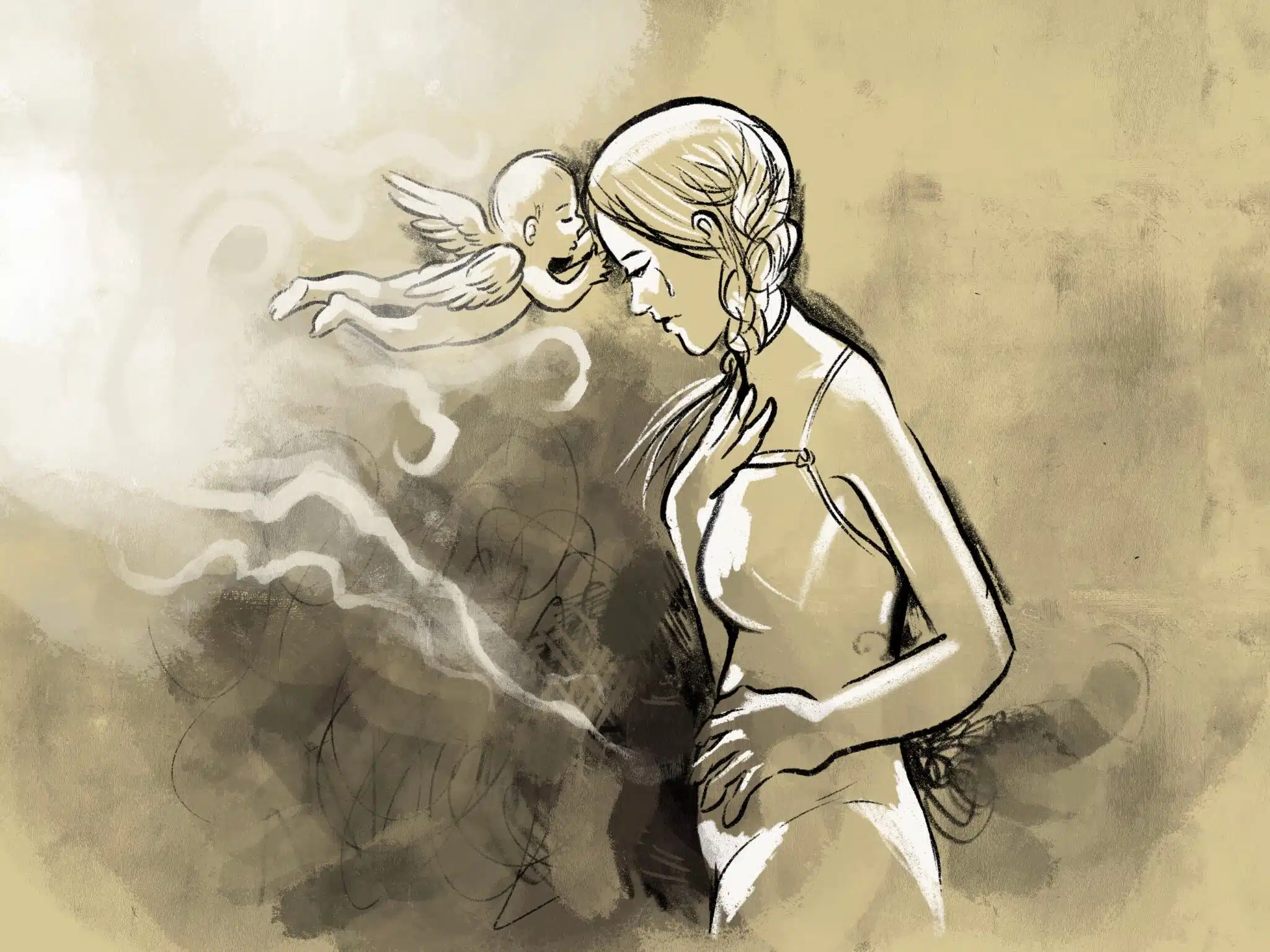 drawing of child angel wings kissing mother's forehead