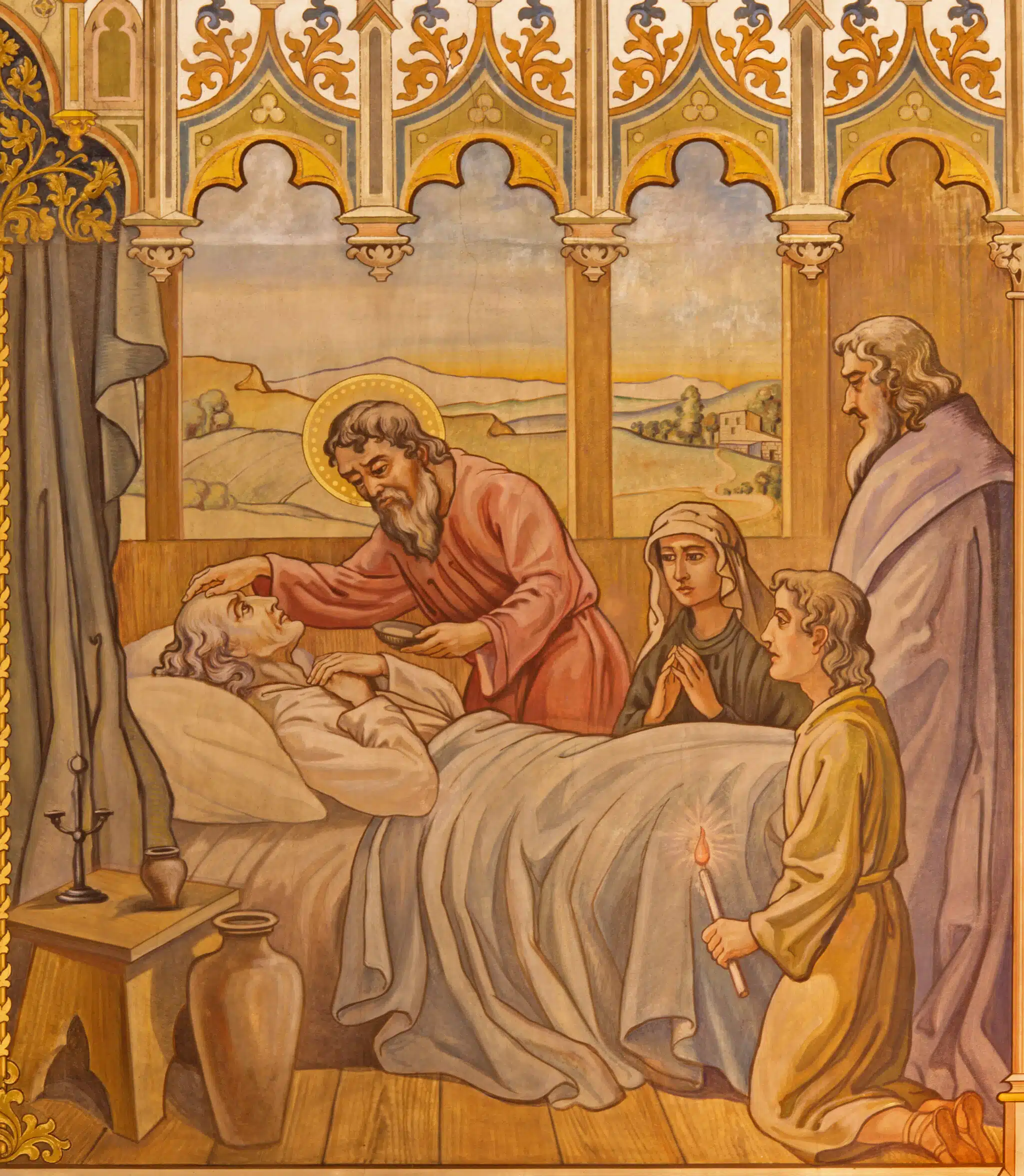 The neo-gothic fresco of the scene the Apostles at viaticum by Leopold Bruckner (1905 - 1906) in Saint Nicholas church.