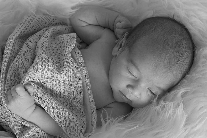 grayscale baby asleep infant