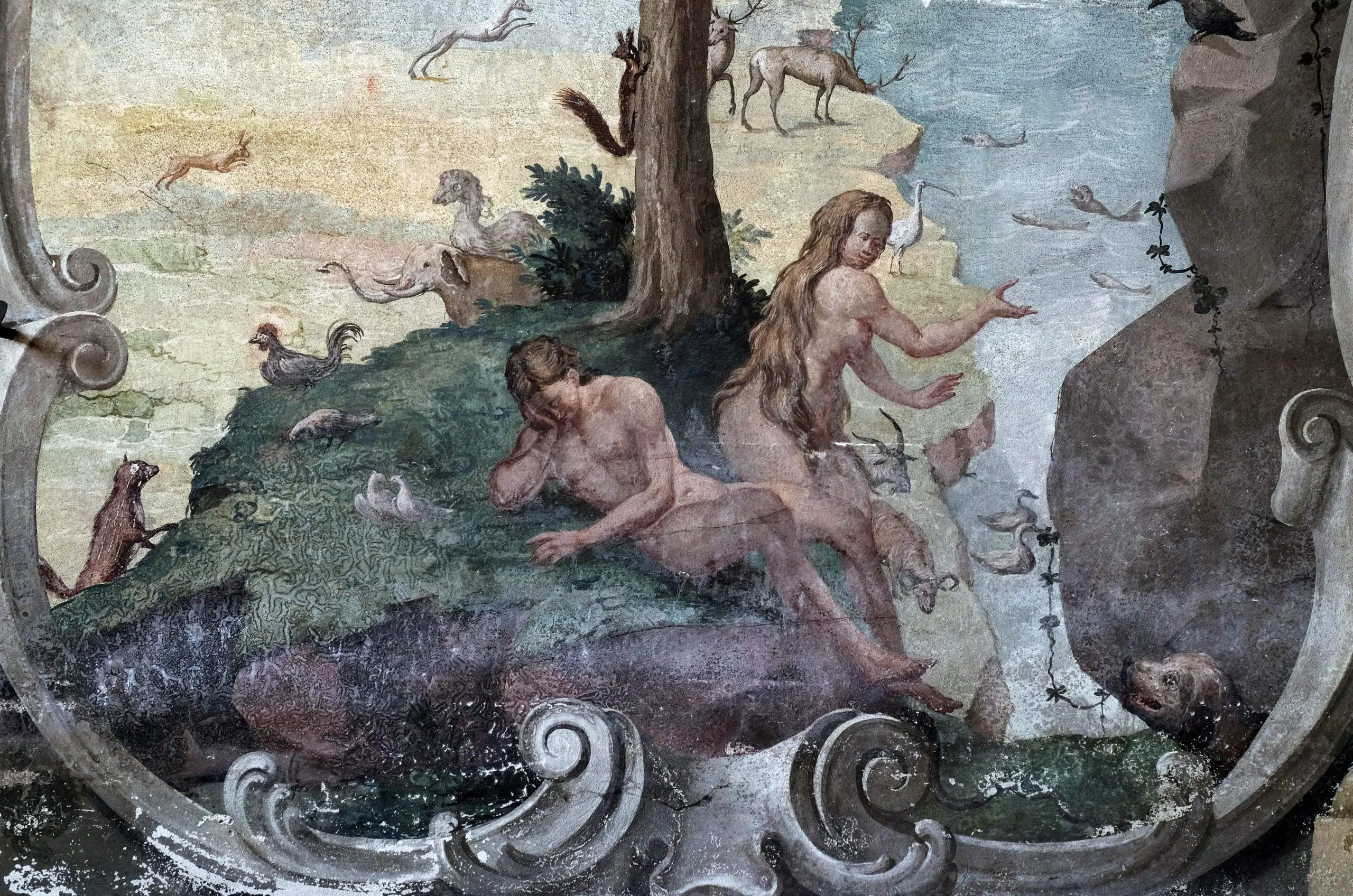 Adam and Eve in the Garden of Eden, fresco on the ceiling of the Saint John the Baptist church in Zagreb, Croatia