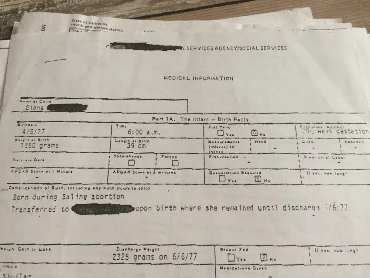 Medical records of abortion survivor Gianna Jessen