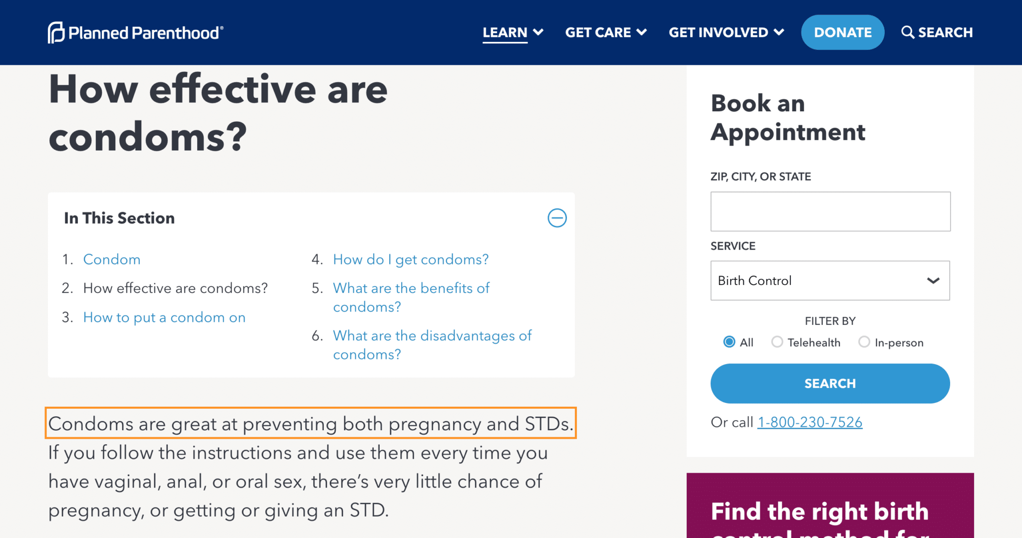 screenshot from Planned Parenthood's website article on the efficacy of condoms