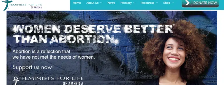 screenshot of the homepage of feminists for life, august 2021