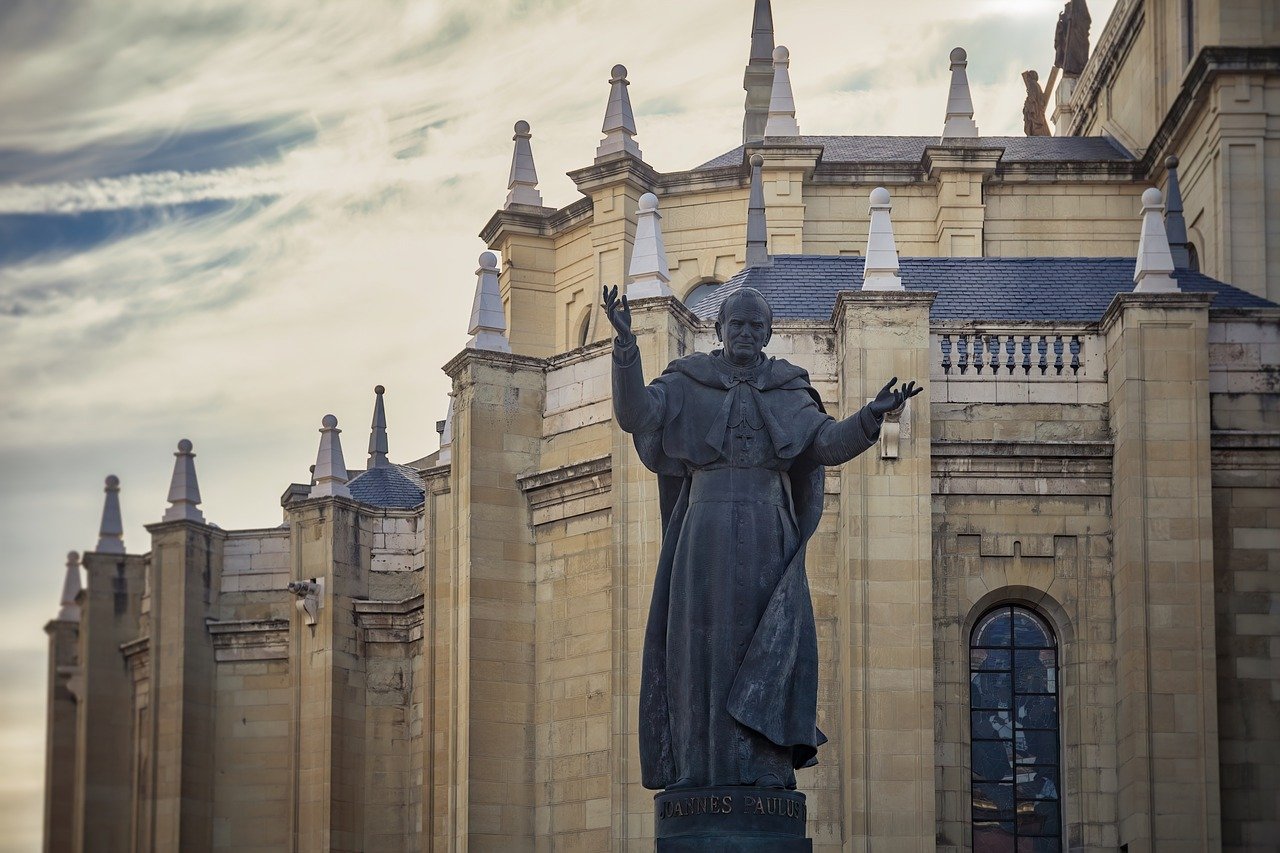 statue of john paul ii in front of a church