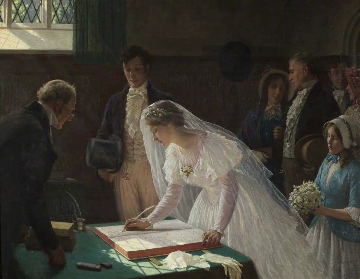 Leighton, Edmund Blair; The Wedding Register; Bristol Museums, Galleries &amp; Archives; http://www.artuk.org/artworks/the-wedding-register-188739