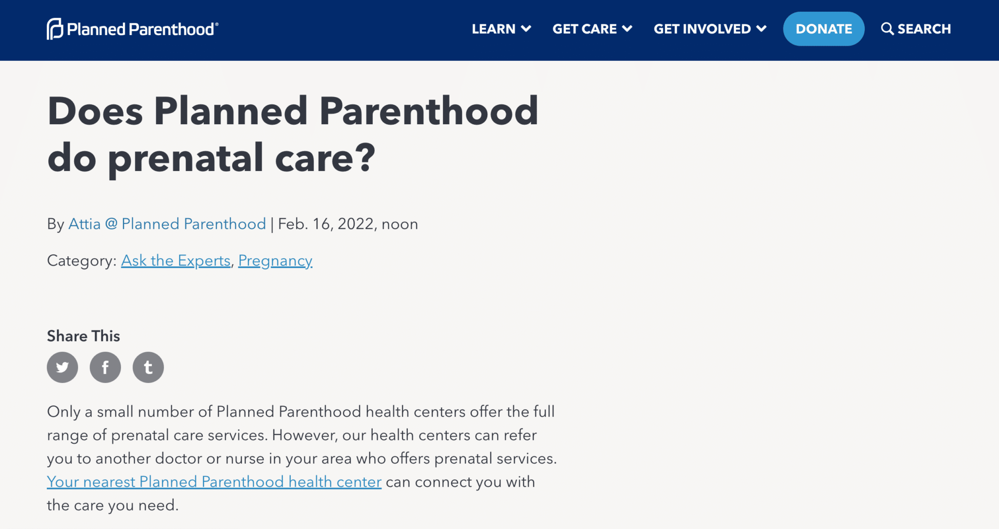 how many planned parenthood clinics offer prenatal care - screenshot from Planned Parenthood's website article 'Does Planned Parenthood Do Prenatal Care'