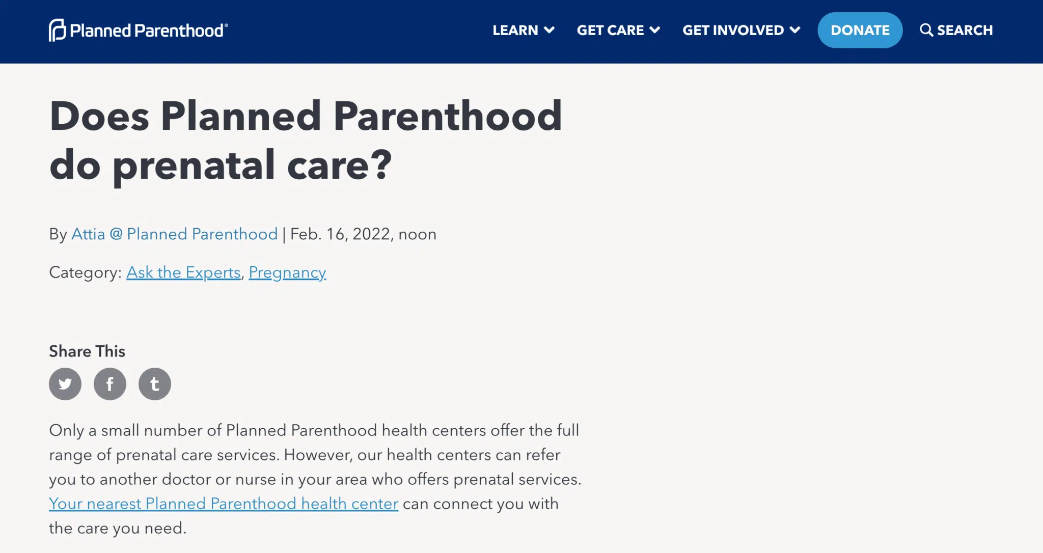 how many planned parenthood clinics offer prenatal care - screenshot from Planned Parenthood's website article 'Does Planned Parenthood Do Prenatal Care'