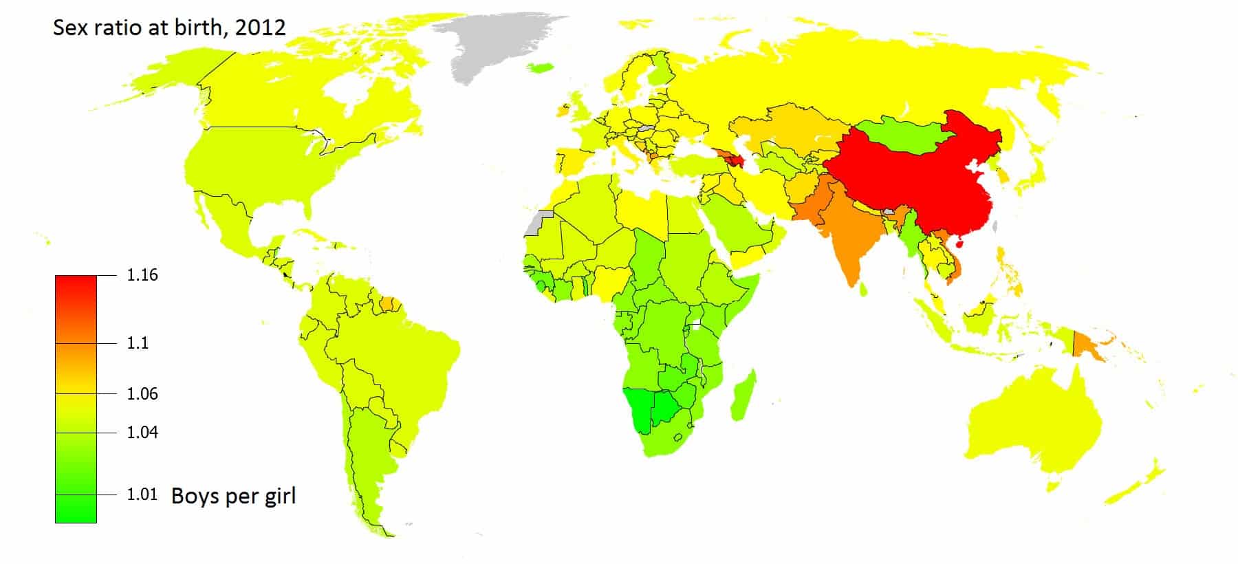 map showing world sex ratio at birth in 2012