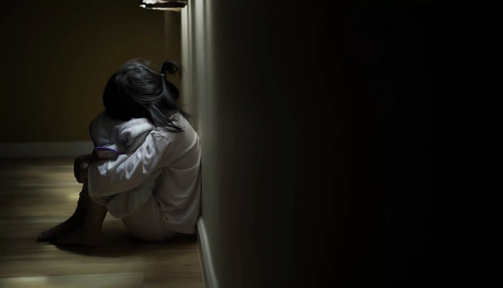 unhappy little girl sitting in a dark hallway