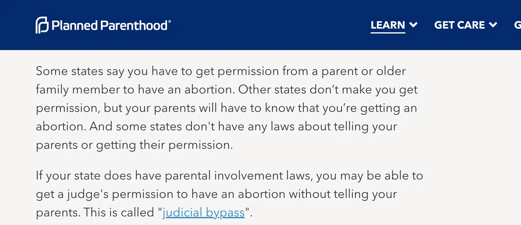 screenshot from Planned Parenthood's website on parental notification laws on abortion