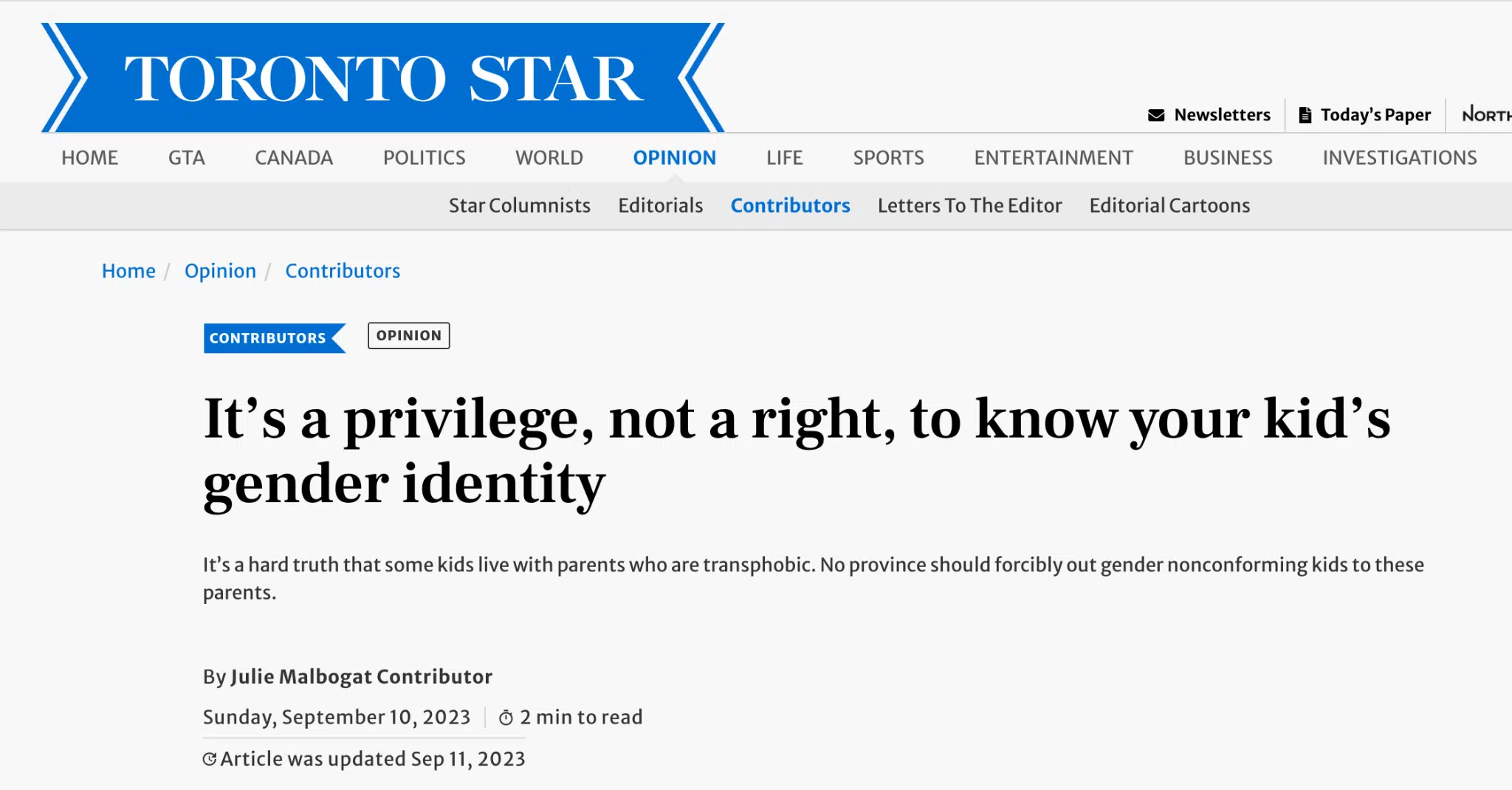 headline from the Toronto Star on parents' right to know their children's gender identity