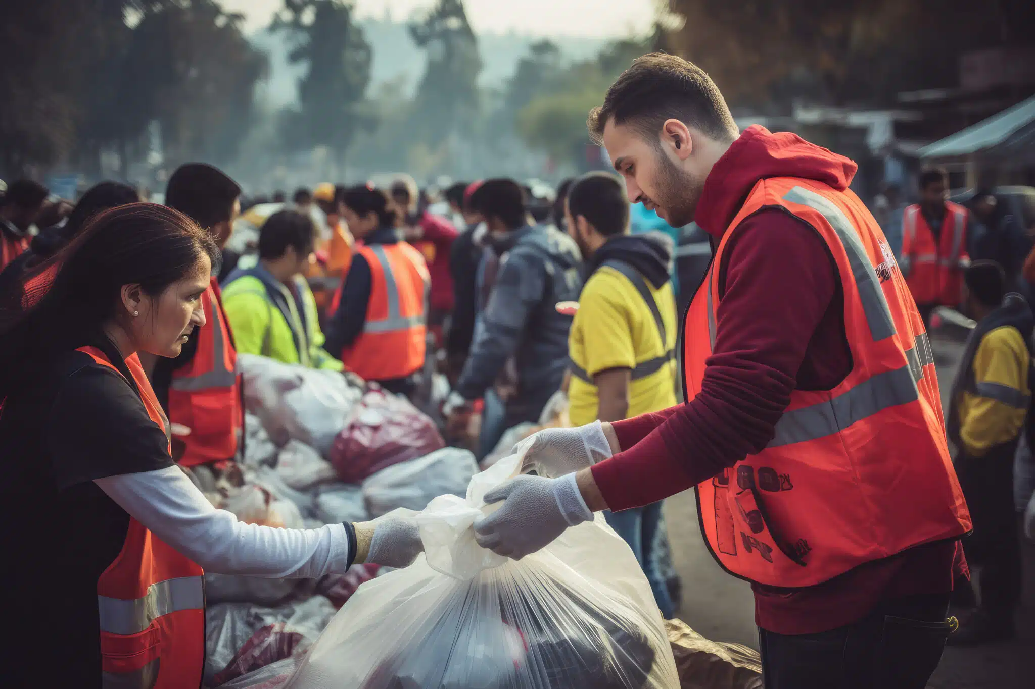 volunteers giving out humanitarian aid