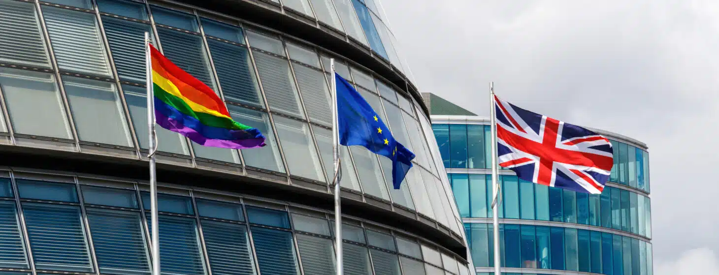 pride flag, eu flag and union jack flag