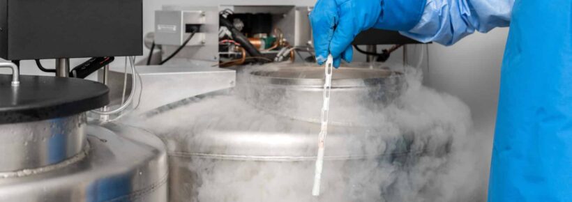embryologist at a liquid nitrogen bank containing sperm and egg samples