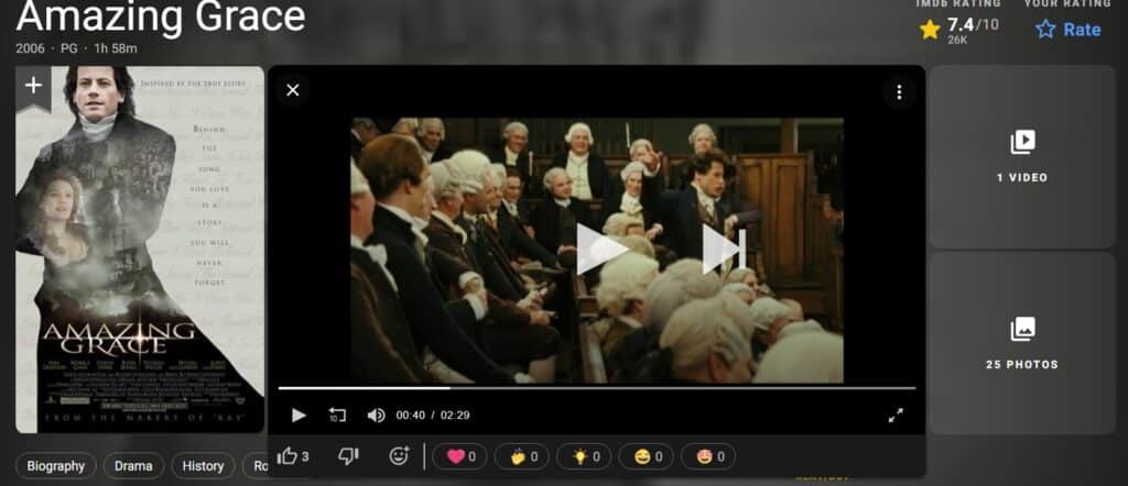 Screenshot from IMDB page for Amazing Grace