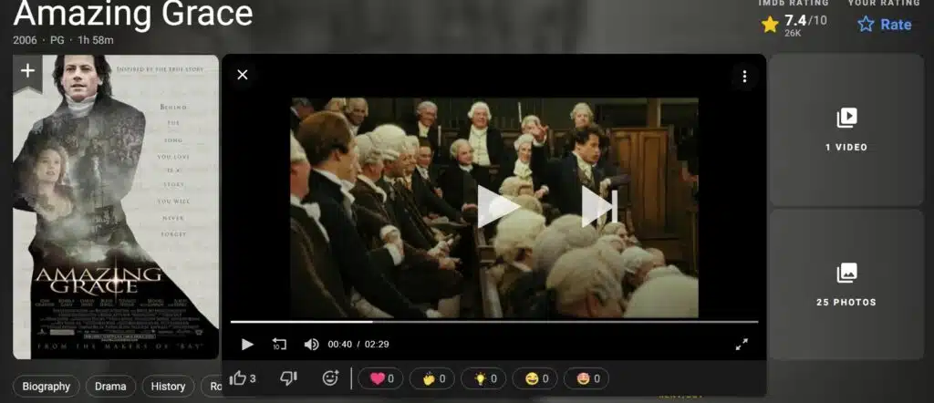 Screenshot from IMDB page for Amazing Grace