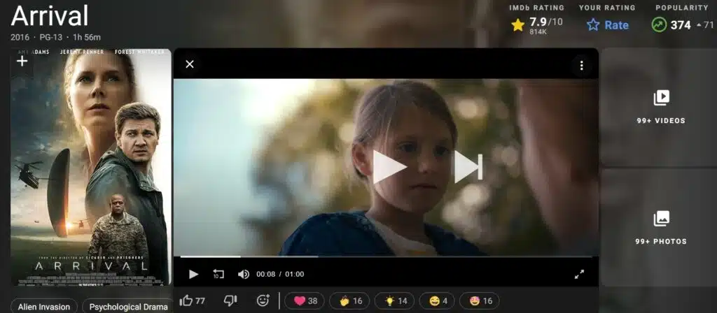 Screenshot from IMDB page for Arrival
