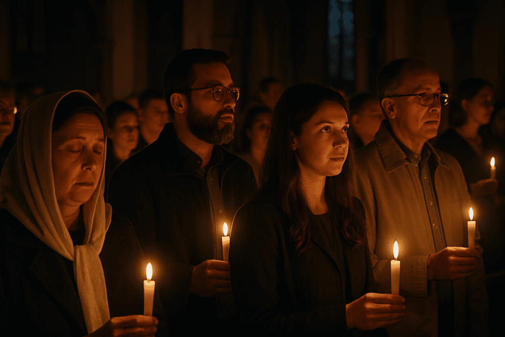 Parishioners holding candles at Easter Vigil Mass