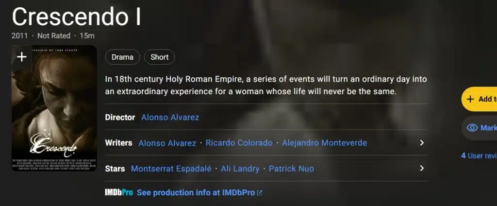 Screenshot from IMDB page for Crescendo