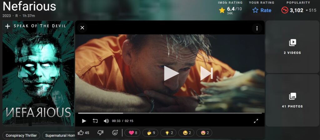 Screenshot from IMDB page for Nefarious