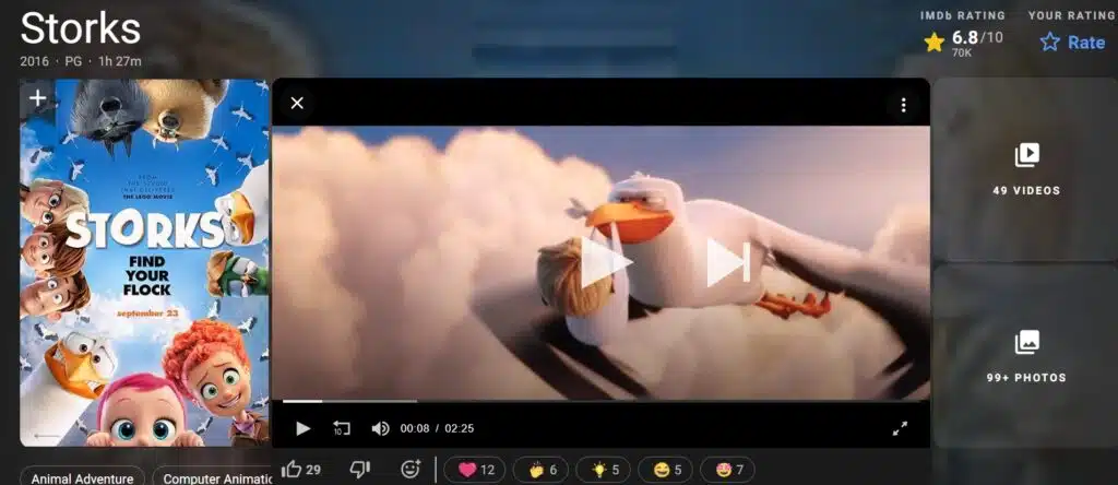 Screenshot from IMDB page for Storks picturing a bird flying while carrying a baby