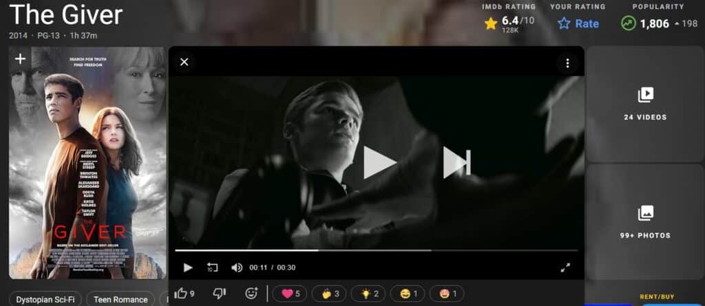 Screenshot from IMDB page for The Giver