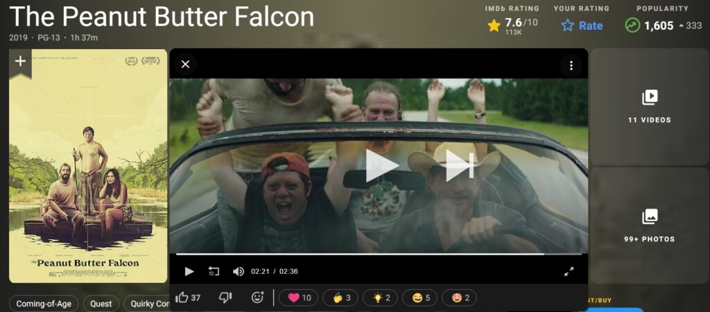 Screenshot from IMDB page for The Peanut Butter Falcon picturing four men cheering in a convertible