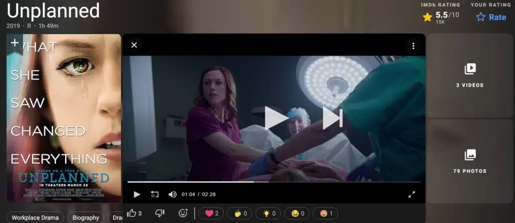 Screenshot from IMDB page for Unplanned