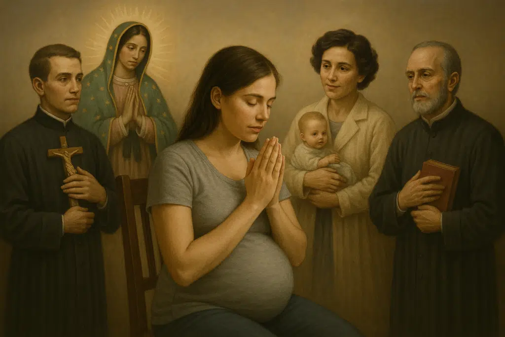 Picture of pregnant woman praying with saints