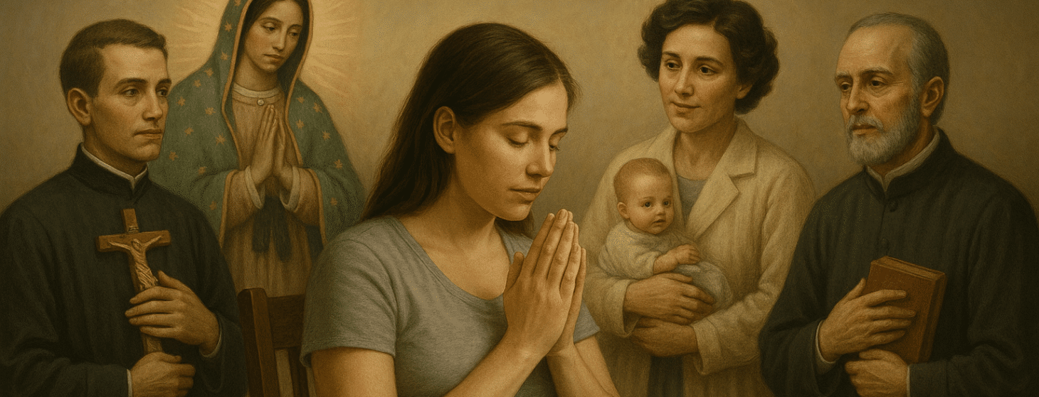 Pregnant woman praying with saints