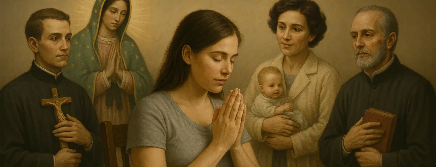 Pregnant woman praying with saints