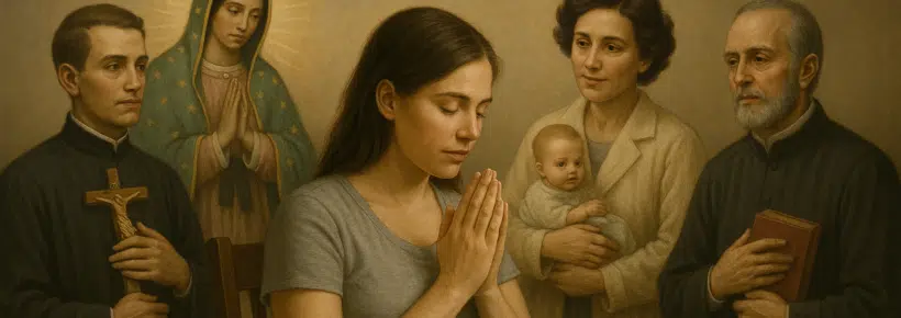 Pregnant woman praying with saints