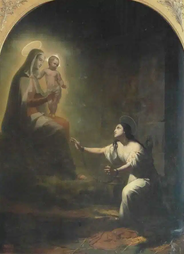 Painting of St. Philomena being visited by Madonna and child
