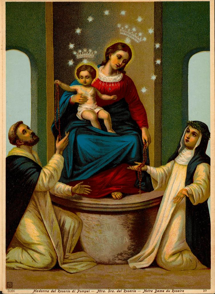 Our Lady of Pompeii giving the rosary to St. Dominic and St. Catherine of Sienna