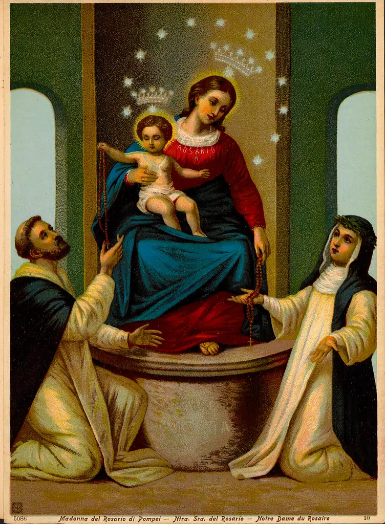 Our Lady of Pompeii giving the rosary to St. Dominic and St. Catherine of Sienna