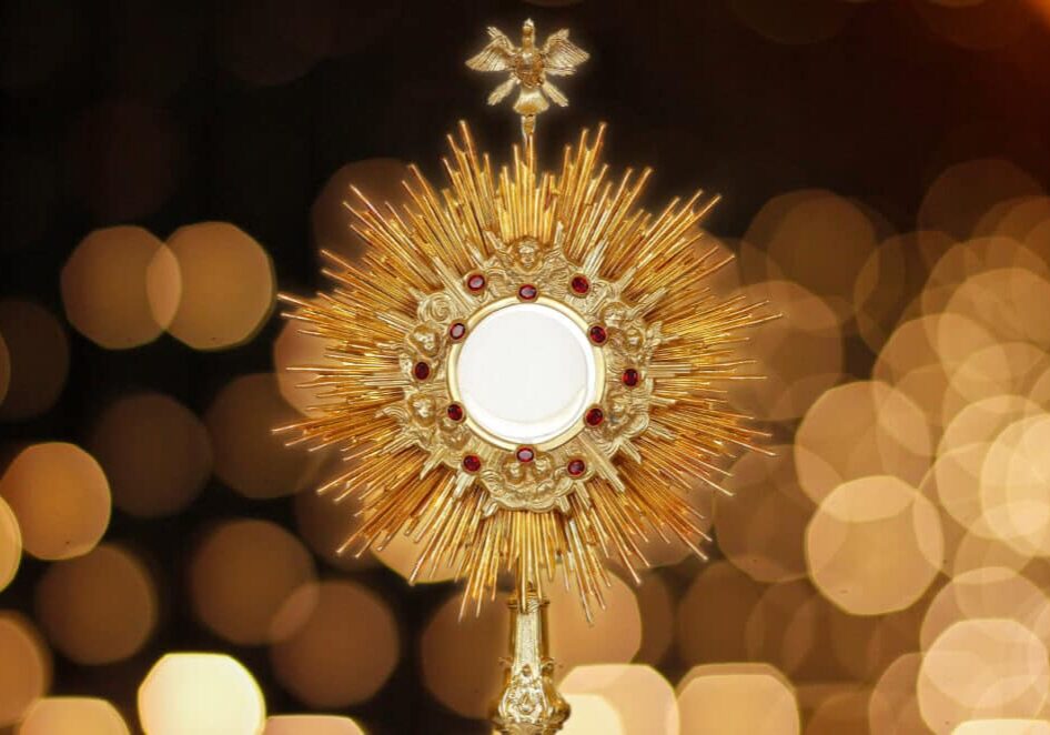 Ostensorium for worship at a Catholic church ceremony - sacred object of devotion and exposure of the Blessed Sacrament